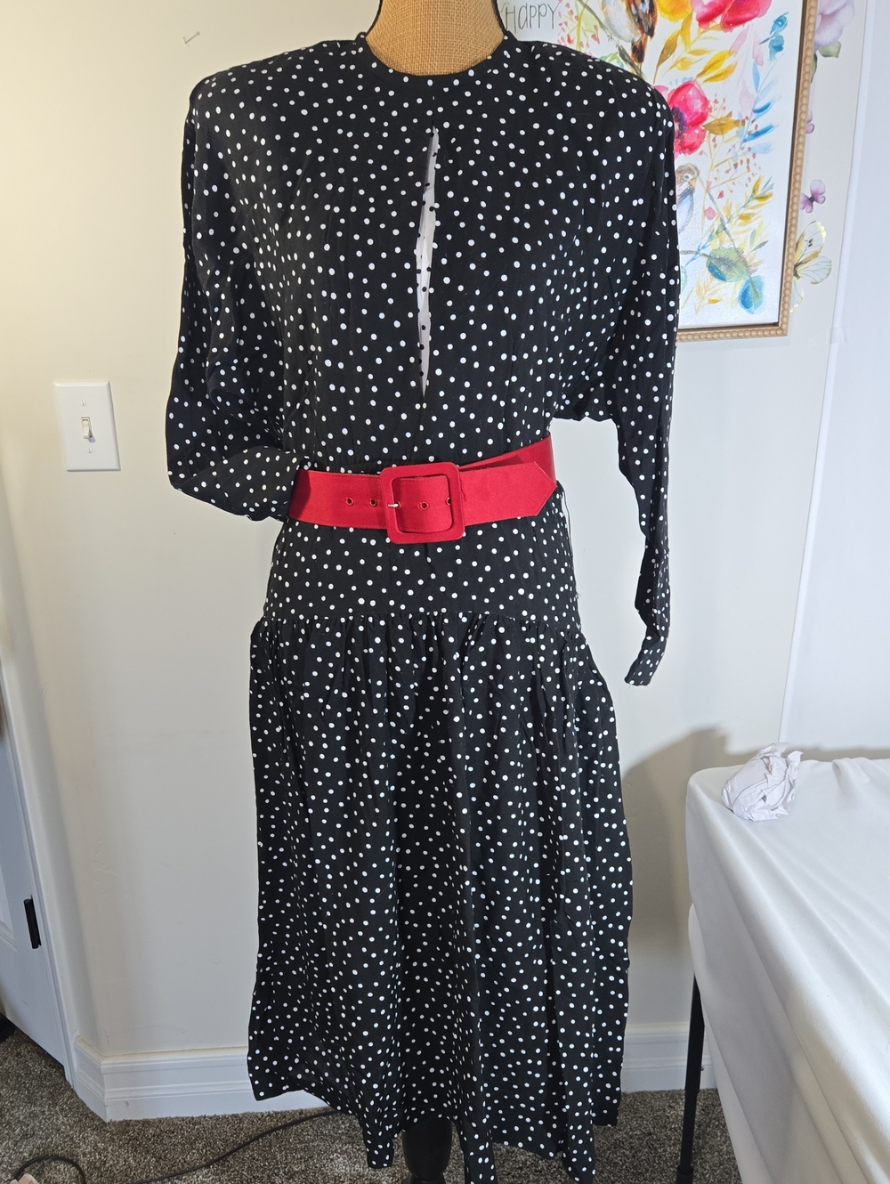 Polka Dot Black Midi Dress with Red Belt